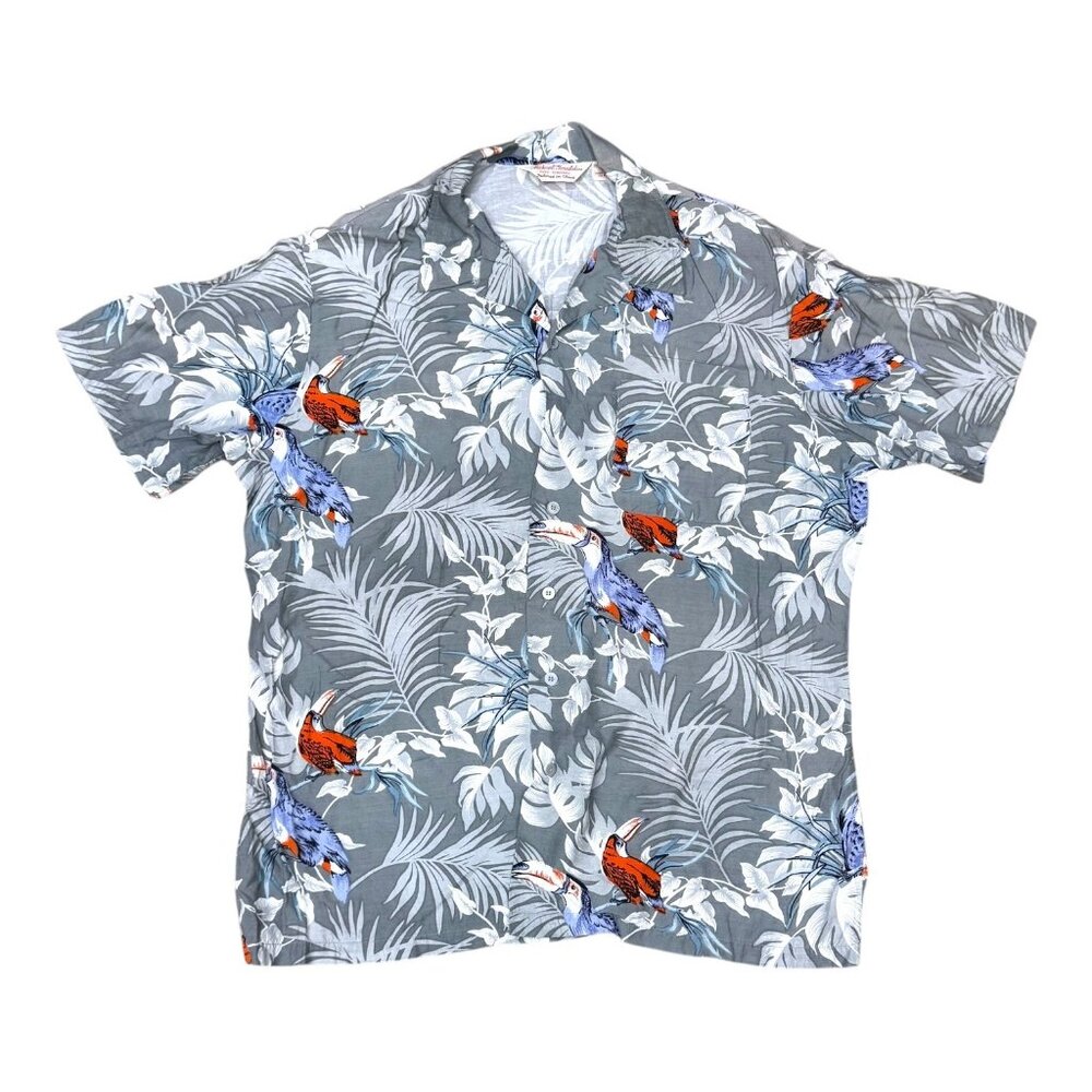 Michael Gerald Aloha Camp Hawaiian Shirt L 100% Rayon Tropical Toucan & Leaf